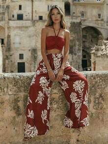 Breezaya Conjunto de 2 piezas de pantalones de pierna ancha con estampado retro, elástico en la cintura y tirantes de cordón para mujer, ideal para vacaciones, estilo casual y elegante - Multicolor - Ver 5