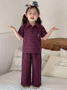 Dazy Kids Girls (Small) Plaid Short Sleeve Pants Pajamas, Spring/Summer - Purple - View 5
