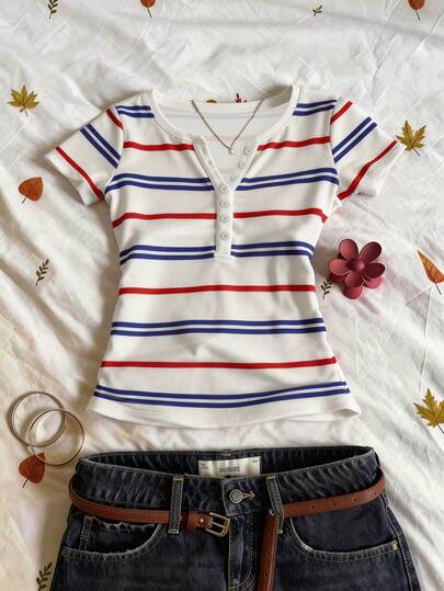 Glimmora Модна мінімалістична футболка з короткими рукавами та V-подібним вирізом у смужку з цифровим принтом, подарунок для друзів