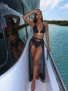 Vaytide Summer Beach Buckle Belted Sheer Cover Up - Black - View 4