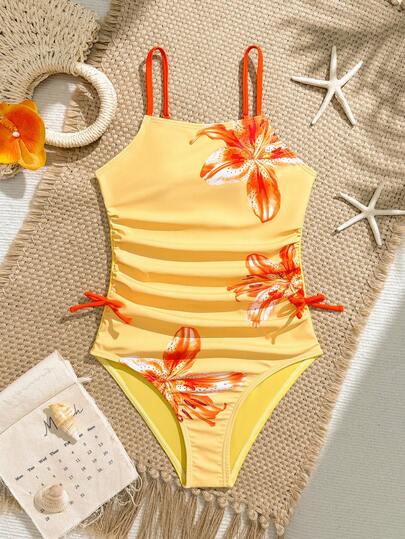 SHEIN Tween Girl One-Piece Swimsuit, Cute Orange Lily Flower Placement Print, Knit Fabric, Ruched Front, Bow Side, Solid Strap, Fashion Casual Elegant Lady, Suitable For Swimming, Summer Vacation, Beach, Pool, Holiday Party