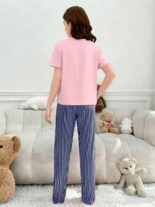 Teen GirlSimple Navy Blue Pants And Short Sleeve Casual 2 Pieces Loungewear Set - Baby Pink - View 2