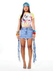 SUMWON WOMEN 女士 Malibu 抽象拼贴插肩短袖露脐上衣，多色印花，夏季节日休闲修身彩色艺术设计 - 彩色 - 查看 5