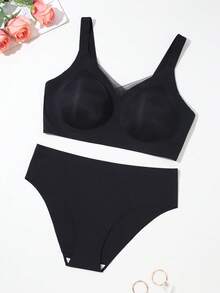 NudeFit 2pcs Set Minimalist Comfortable Seamless Jelly Adhesive Bra Gather Sexy Plus Size Lingerie Set - Black - View 3