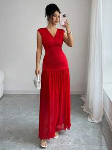 Elenzga Women's Red Summer Elegant Party V-Neck Sleeveless Dress,Side Elastic Ruched Waist Splice Mesh Hem,Sophisticated Formal Occasions Birthday Outfit - Fiery Red - View 4