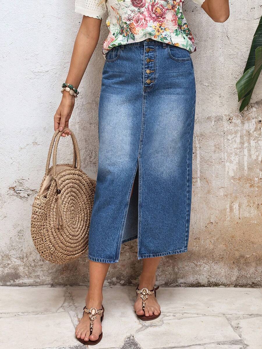 EMERY ROSE 女士休闲百搭约会旅行牛仔裙，带口袋和纽扣前开衩设计 - 藍色 - 查看 1