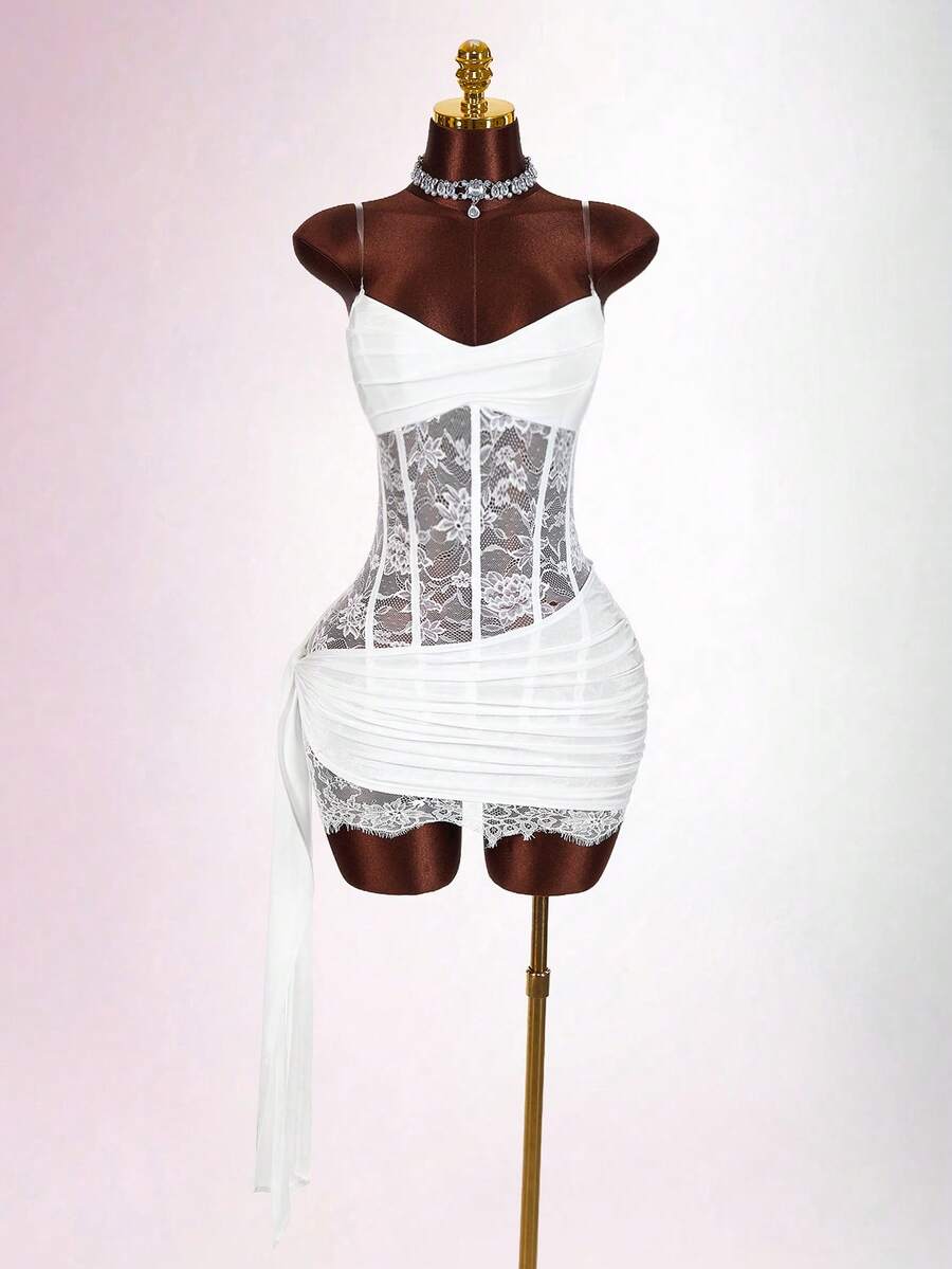 Amplova Women's Sexy Mini Dress, Pure White, Suitable For Wedding Season, Bridesmaid And Bride Outfit, Revealing Waist, Pleated Strapless Mini Dress - White - View 1