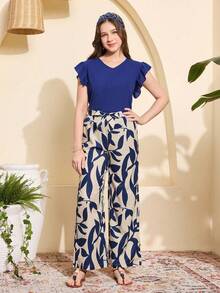 2pcs/Set Teen GirlVacation Casual Cap Sleeve Shirt With Floral Pants, Suitable For Beach & Leisure - Royal Blue - View 6