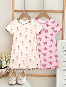 LMoss Kids 女婴草莓蝴蝶图案可爱简约家居服套装，适合夏季穿着 - 淺粉色 - 查看 1