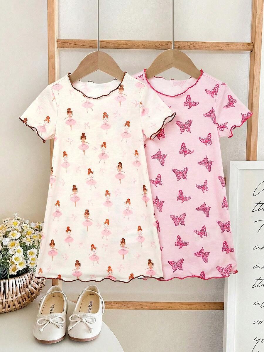 LMoss Kids 女婴草莓蝴蝶图案可爱简约家居服套装，适合夏季穿着 - 淺粉色 - 查看 1