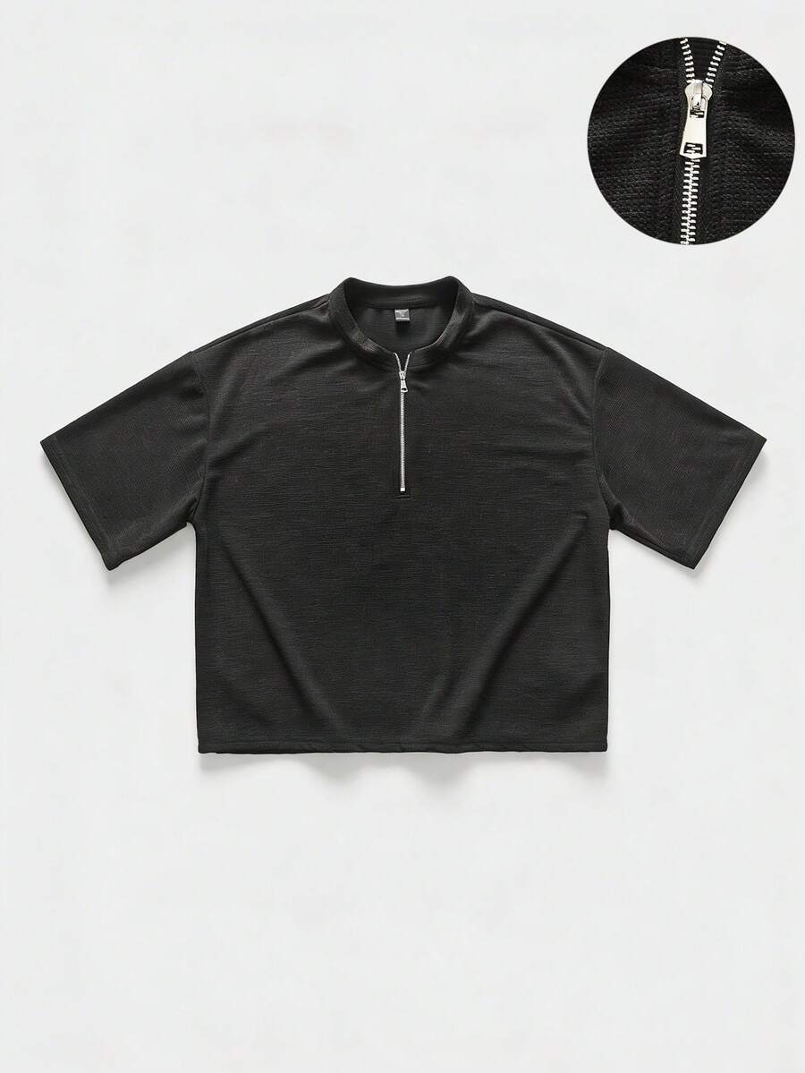 ROMWE MEN 男士拉链半开襟宽松水洗短袖T恤 - 黑色 - 查看 1