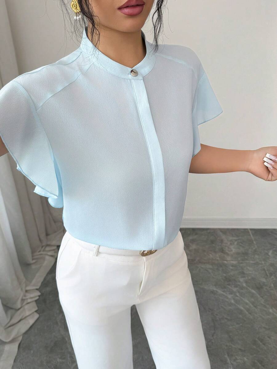 SHEIN Elenzya Fashionable Ruffle Sleeve Open Front Elegant French Style Round Neck Blouse For Women - Baby Blue - View 1