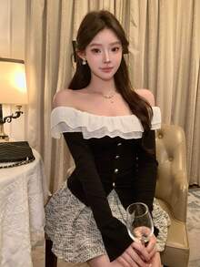 DAZY 春夏两用荷叶边撞色T恤，优雅百搭，适合情人节、婚礼、派对、时尚活动，修身露肩黑色长袖T恤 - 黑色 - 查看 11