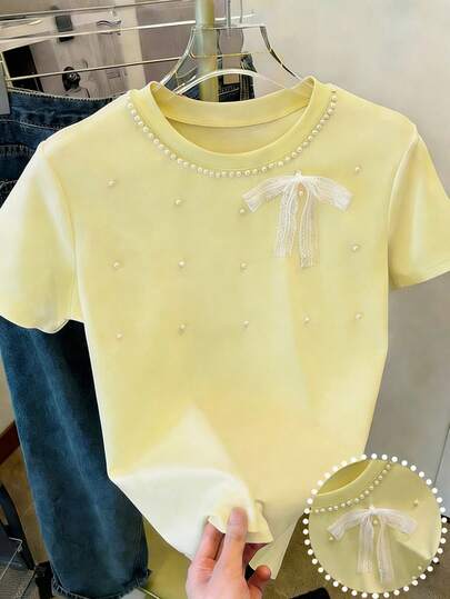 Resyla 女士粉色蝴蝶结珍珠装饰甜美Y2K短袖T恤，适合约会、日常穿着、通勤，百搭时尚休闲