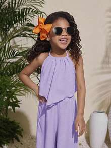 Conjunto de top halter de unicolor y pantalones de pierna ancha casual de vacaciones para niña - Púrpura malva - Ver 7