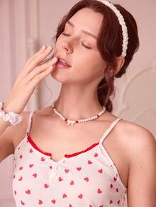 Bonmuse 休闲年轻针织睡衣套装，带心形印花和细肩带，女士心形睡衣套装草莓睡衣套装心形印花睡衣套装红色心形睡衣女士心形睡衣 - 杏色 - 查看 7