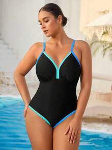Swim Vcay Áo tắm liền thân phối màu dành cho nữ cỡ lớn - Màu xanh lam - Xem 6