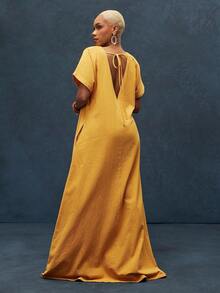 100% Cotton Cuffed Drop Shoulder Sleeve Deep Open V Neck Back Maxi Dress - Yellow - View 2