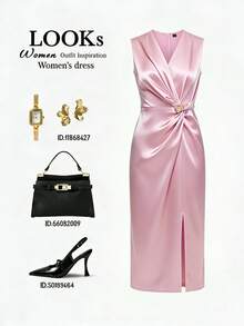 SHEIN Franclia Blush Sleeveless V-Neck Twisted-Waist Slit Midi Dress – Chic Figure-Flattering Event Guest Dress For Elegant Evening Occasions - Pink - View 1