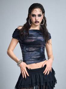 ROMWE Grunge Punk Distressed Tie-Dye Laser Cut Asymmetric Shoulder Fitted Top - Grey - View 5