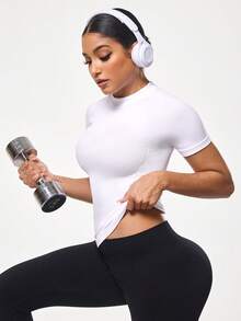 SHEIN Sports Casual Solid Color Short Sleeve Slim Fit Athletic T-Shirt - White - View 4