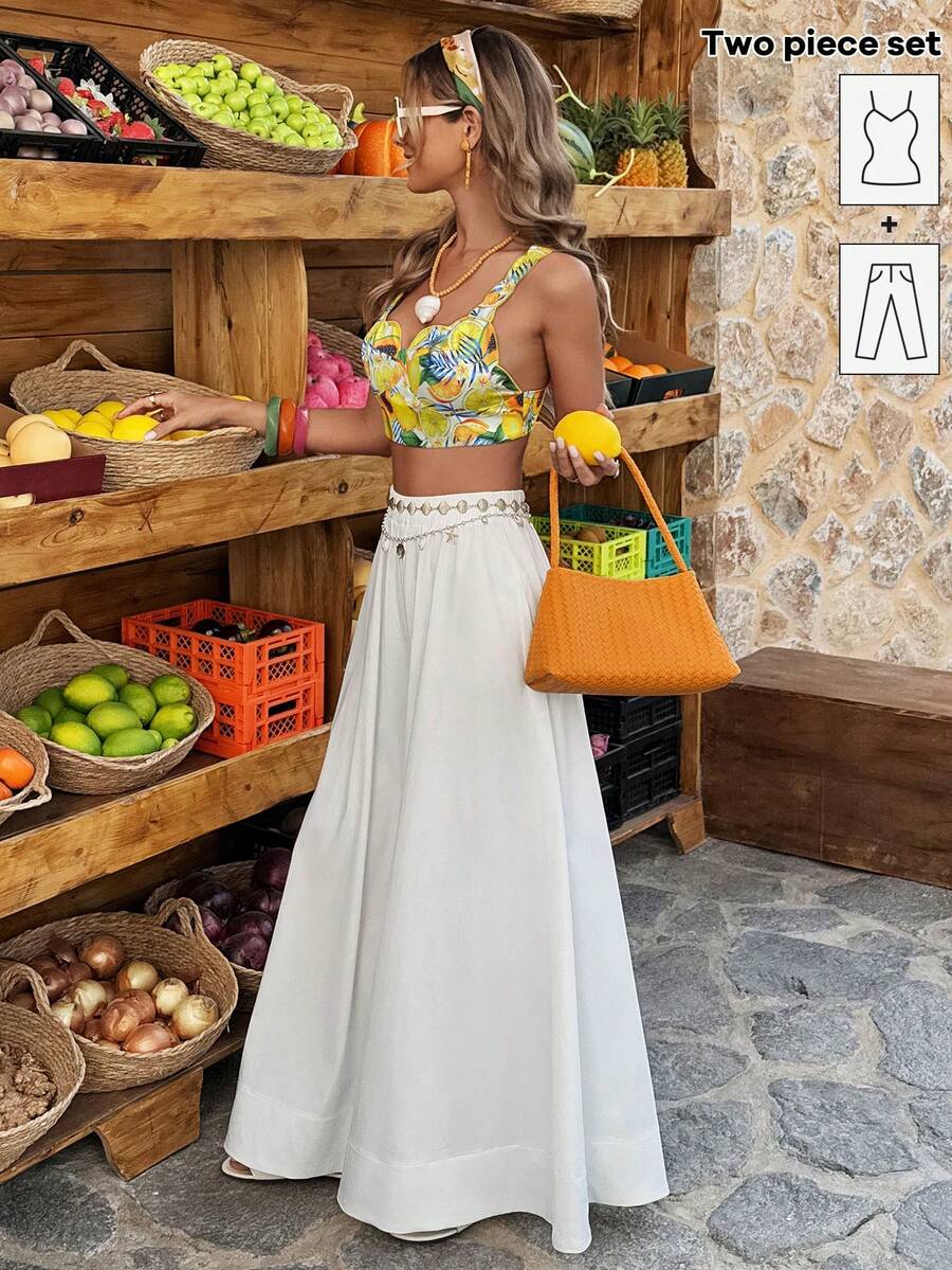 Selianne Conjunto de vacaciones de dos piezas para mujer, primavera y verano, que incluye una parte superior de tirantes con estampado de plátano amarillo y pantalones a juego, ideal para escapadas vacacionales. - Multicolor - Ver 1