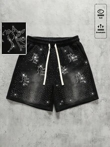 ROMWE MEN Men's Drawstring Waist Letter & Rhinestone Graphic Casual Versatile Daily Wear Shorts - Black - View 1