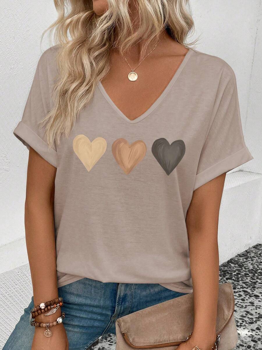 女士春夏新款渐变爱心印花休闲百搭T恤 - 卡其色 - 查看 1