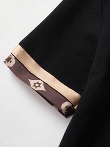 SHEIN 青少年/女孩夏季休闲黑色圆领短袖拼接缎带装饰修身连衣裙，娇小款 - 咖啡棕 - 查看 9