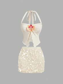 SHEIN MOD Bộ đồ thời trang nữ gồm áo tank top cổ yếm xẻ tà xếp ly và chân váy ngắn đính sequin. - Màu be - Xem 3