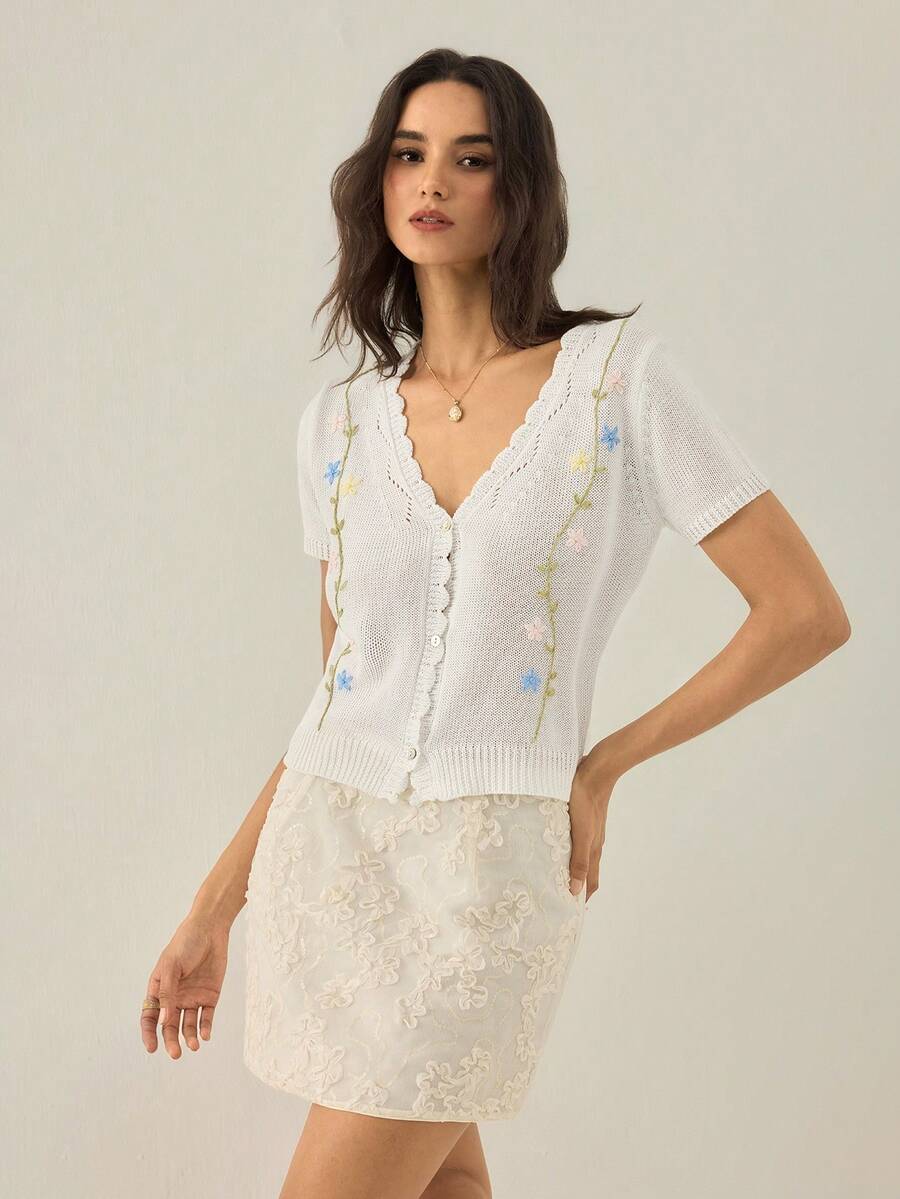 Gaivellea Women's Vacation Casual Floral Embroidered Knit Cardigan - Apricot - View 1