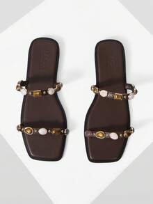 SPRING AND SUMMER NEW OUTDOOR WOMEN'S FLAT BOTTOM SQUARE TOE SIMPLE SLIPPERS WOMEN'S THICK BOTTOM NON-SLIP OPEN-TOED CASUAL VERSATILE BEACH SLIPPERS SUMMER SHOES - Coffee Brown - View 1