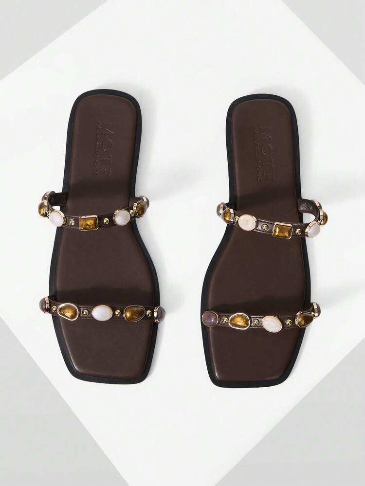 SPRING AND SUMMER NEW OUTDOOR WOMEN'S FLAT BOTTOM SQUARE TOE RHINESTONE SIMPLE SLIPPERS WOMEN'S THICK BOTTOM NON-SLIP OPEN-TOED CASUAL VERSATILE BEACH SLIPPERS