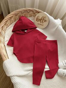 Babygirl Cute Simple Solid Color Knit Elastic Short Sleeve Hoodie Top And Drawstring Waist Pants Set,Kids - Red - View 4