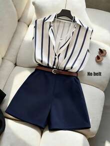 SHEIN Franclia 女士无袖条纹衬衫上衣 + 宽松时尚百搭短裤，春夏款 - 彩色 - 查看 1