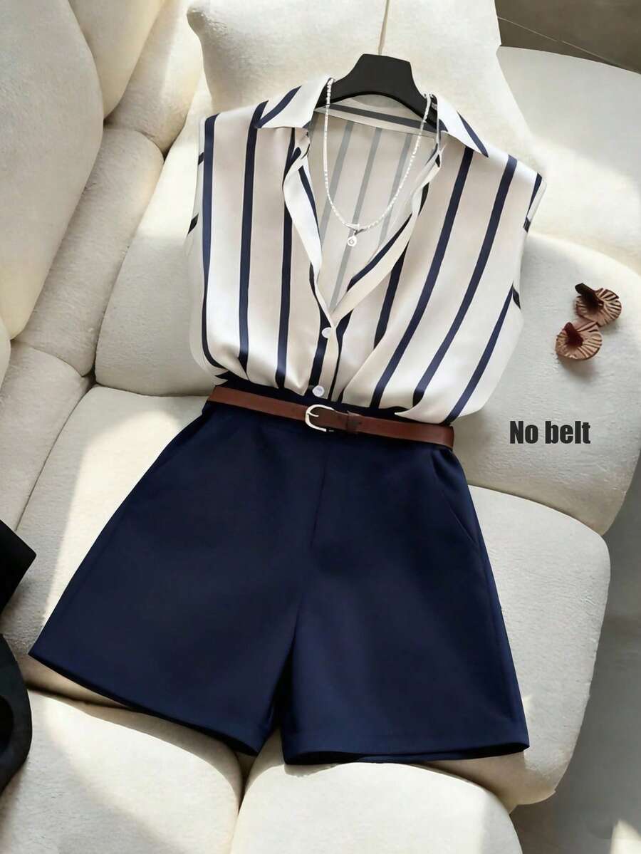 SHEIN Franclia 女士无袖条纹衬衫上衣 + 宽松时尚百搭短裤，春夏款 - 彩色 - 查看 1