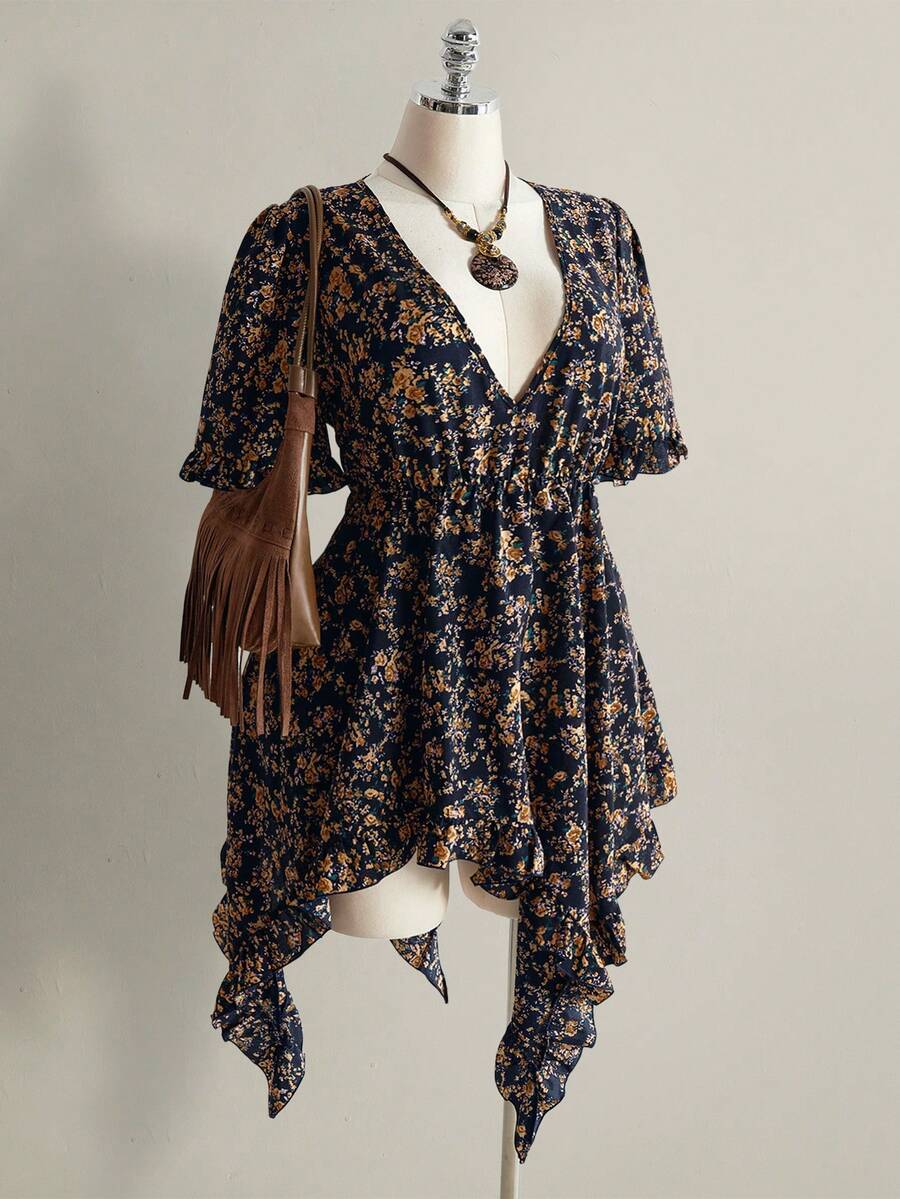 SHEIN ICON Plus Size Women's Retro Elegant V-Neck Asymmetric Hem Ruffled Ditsy Floral Boho Dress, Blue Butterfly, Autumn, Boho, Vacation Music Festival Outfit Beach - Multicolor - View 1