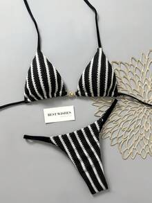 Swim Mod Women's Spring/Summer New Special Fabric Metal Decor V-Neck Halter Backless Triangle Top & Bikini Bottom Two Pieces Swimsuit - Black - View 3