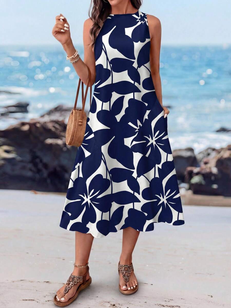 Sylviya Women's Casual Floral Pattern Round Neck Mid-Length Dress, Suitable For Spring/Summer Blue Floral Midi Dress Chic Dress,Casual - Blue - View 1
