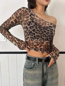DAZY Camiseta de manga larga con estampado de leopardo de malla para mujer, de verano - Marrón - Ver 2