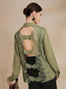 Anewsta Women's Heavyweight Hollow-Out Crochet Blouse - Green - View 4