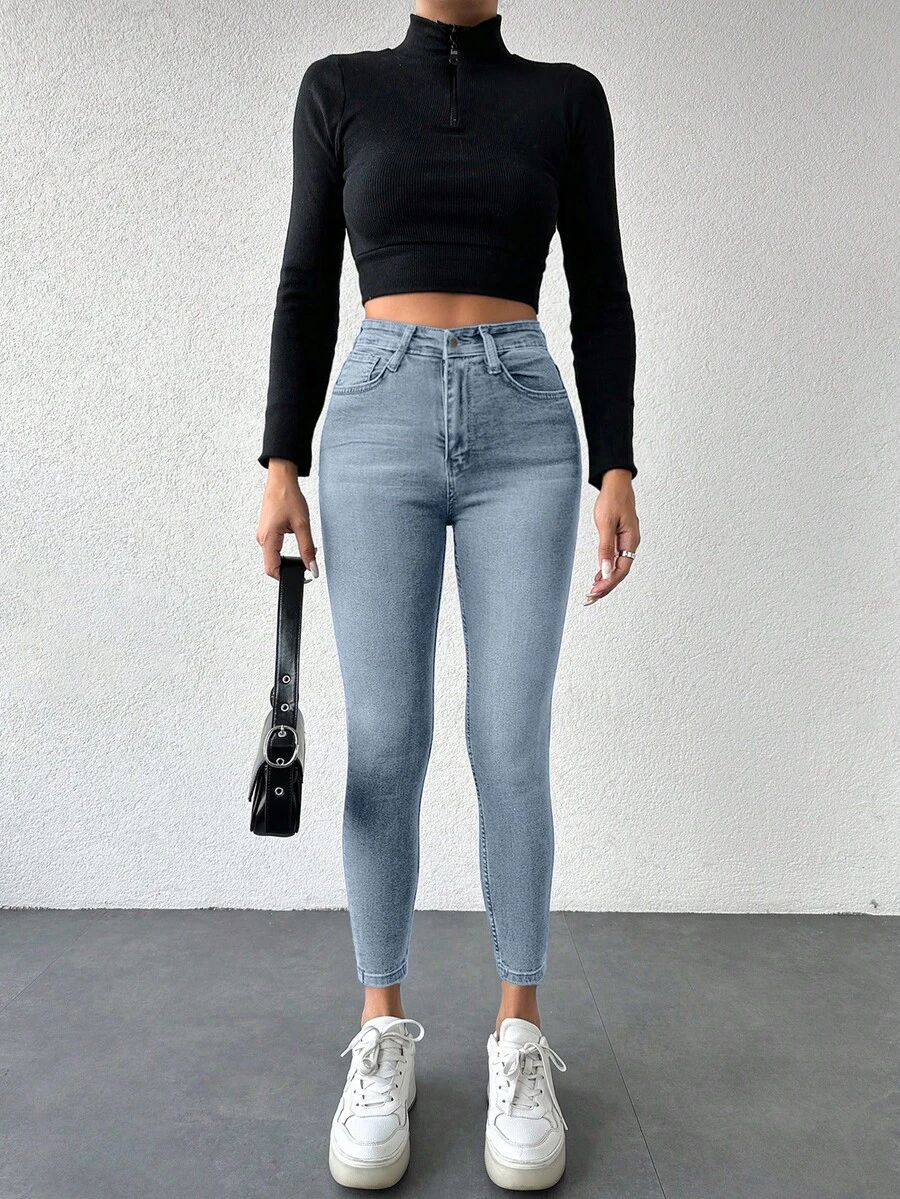 SHEIN Cottnline 女士斜口袋水洗修身牛仔裤，猫须，街头时尚 - 淺色水洗藍 - 查看 1