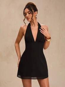 SHEIN BAE Đầm mini chiffon đen xẻ sâu cổ yếm hở lưng gợi cảm dành cho nữ, thích hợp cho mùa xuân/hè. - màu đen - Xem 4