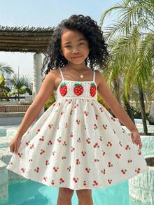 SHEIN Young Girl Woven Solid Color Cherry Pattern Casual Camisole Dress Summer Outfits Summer Outfits Summer Dresses Prom Dresses Beach Dress Sundress Kids Summer White Cherry Print Midi Dress With Crochet Strawberry Details Cherry Dress Kids Strawberry Dress Kids Sundress For Kids Kids Sun Dresses Kids Dress Girls White Dress With Red Flowers Embroidered Floral Little Girl Dress Girls Summer Clothes Strawberry Dress For Girls Flower Skirt Kids - Apricot - View 4