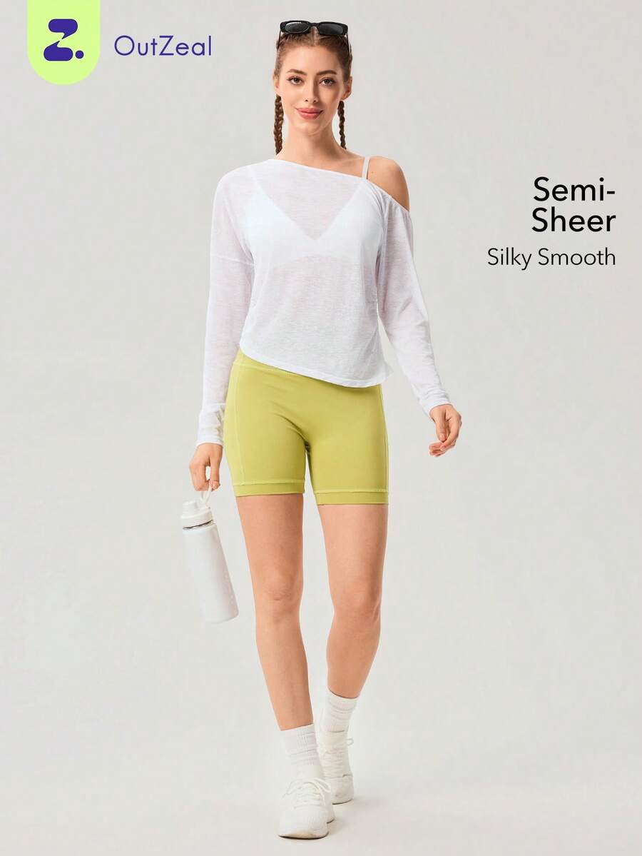 OutZeal Women Sports White Tee Daily Casual Soft Stretch One-Shoulder Asymmetrical Long Sleeve Active Tops - White - View 1