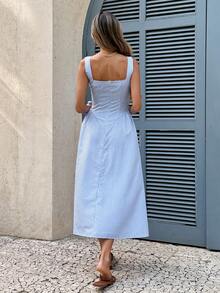 SHEIN Frenchy 女士休闲格子无袖中长连衣裙，适合度假穿着 - 藍白色 - 查看 2