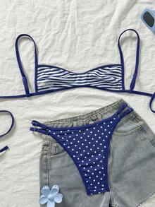 Swim Mod 女士复古波点条纹双面比基尼套装，时尚休闲沙滩泳装，性感甜美复古优雅 - 藍白色 - 查看 5