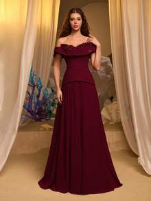 Glamrae 优雅奢华的酒红色弹力针织拼接雪纺连衣裙，手工珍珠装饰，露肩无肩带A字裙，荷叶边细节和拖尾裙摆，女士正式晚礼服 - 酒紅色 - 查看 8