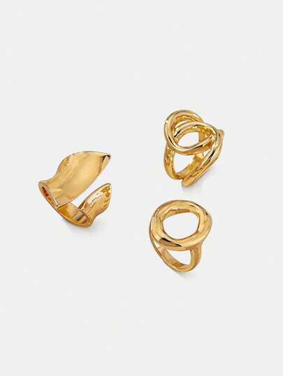 Lumivelle (3pcs/Set) Punk Style Exaggerated Glossy Round Opening Ring, Geometric Curved Surface Ring, And Geometric Glossy Cross Ring. European And American INS Niche Design Geometric Ring Set (3 Rings). Color-Preserving And Thick Rings Jewelry, Suitable For Women's Daily Wear, Various Holiday Gifts, Graduation Season, Student Gifts, Back-To-School Gifts, Gifts For Teachers.