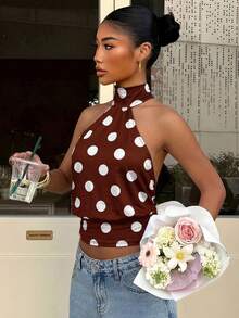 Muchica 女士波点印花时尚露背吊带背心，适合外出、街头穿搭、Y2K风格服装，波点上衣 - 彩色 - 查看 3